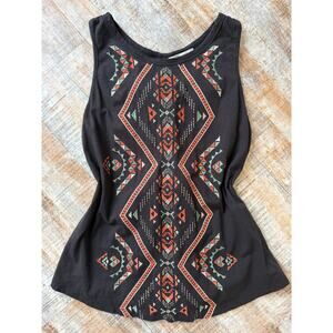 Miss Me Y2K Boho Black Orange Tank Top Tribal Aztec Print Open Back Size Large